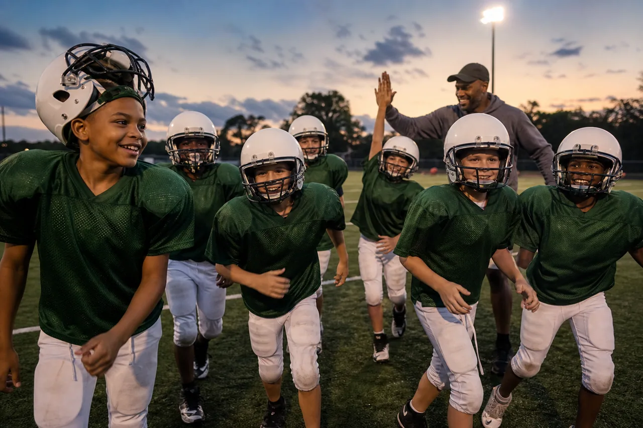 A youth football team confidently breaking from a huddle